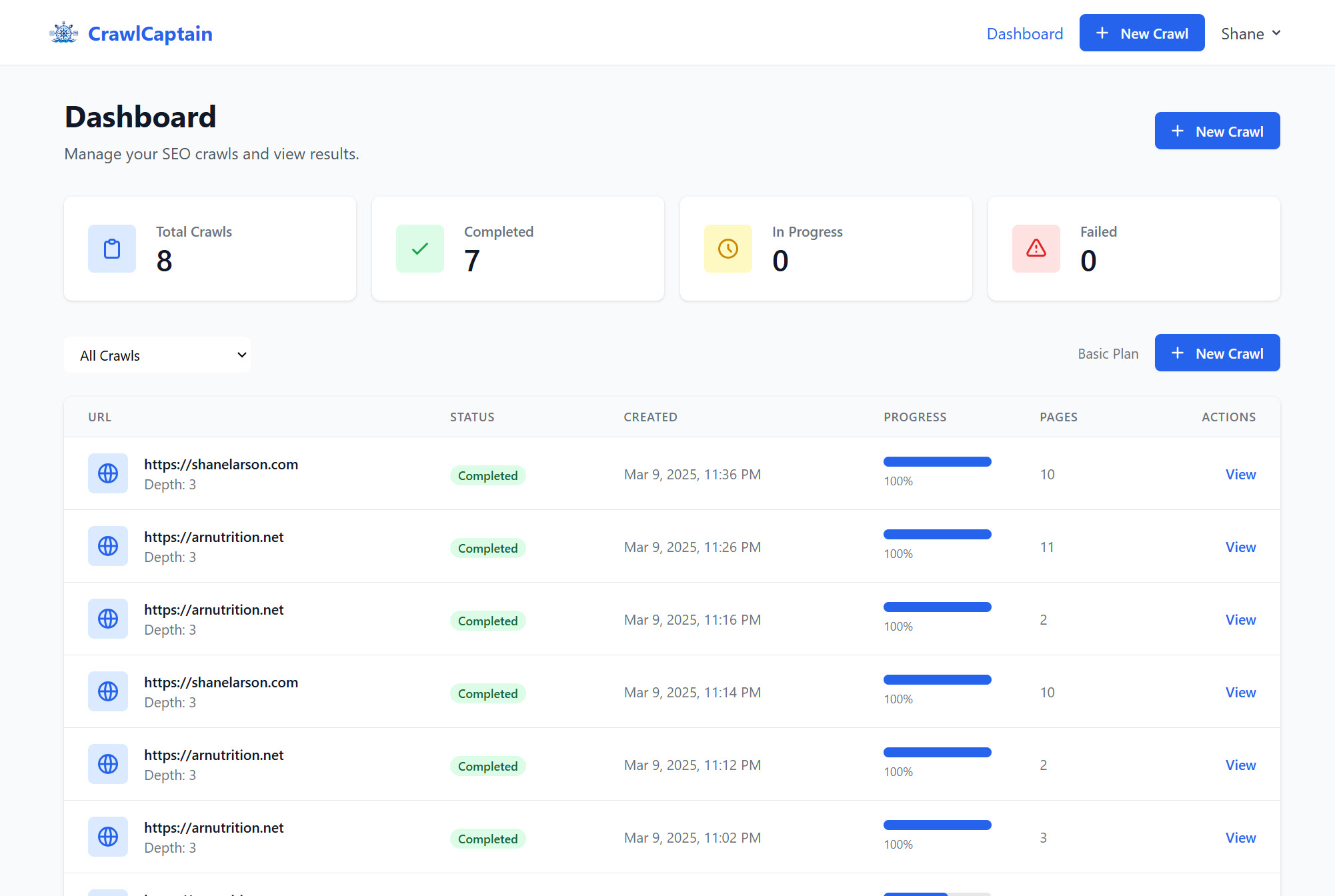 CrawlCaptain dashboard example